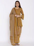 HERE&NOW Mustard Yellow Floral Printed A-Line Kurta with Dhoti Pants & With Dupatta | Grocsy