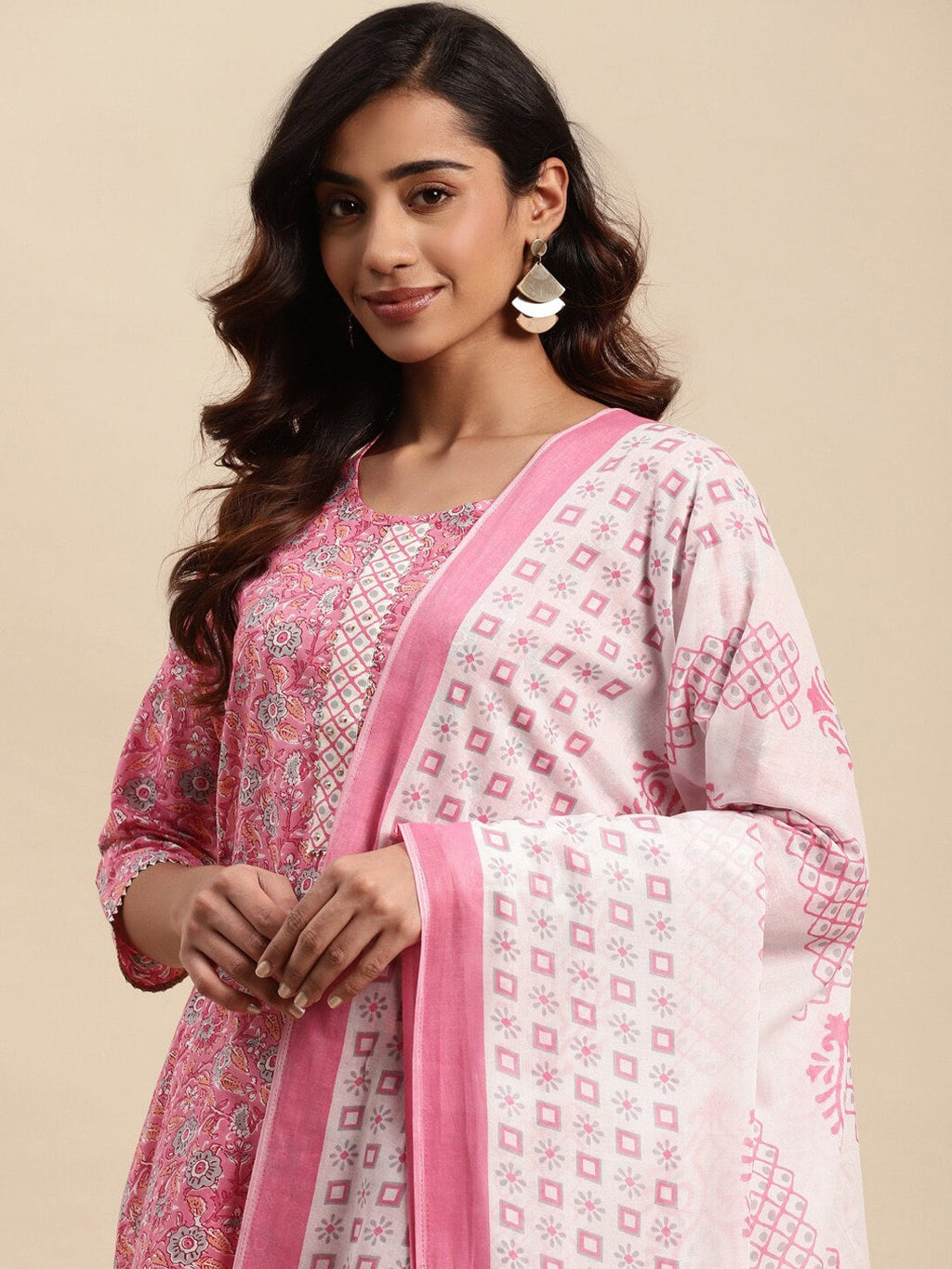 Sangria Floral Printed Gotta Patti Pure-Cotton A-Line Kurta With Trouser & Dupatta | Grocsy