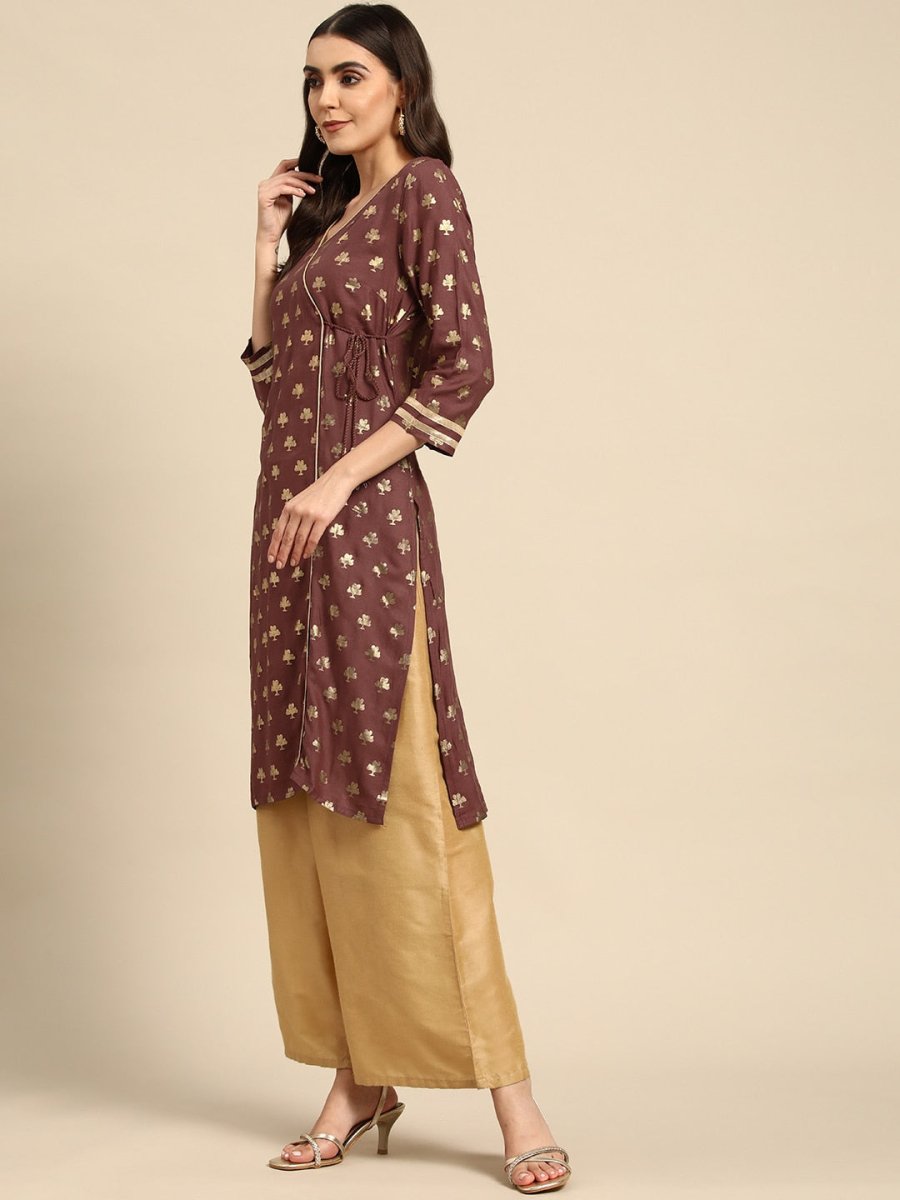 All About You Women Brown & Golden Ethnic Motifs Printed Gotta Patti Kurta | Grocsy