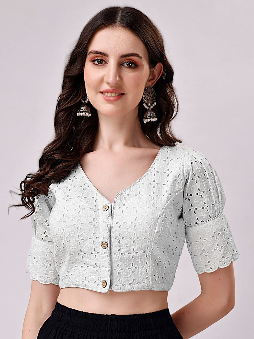 Tikhi Imli White Embroidered V-Neck Thread Work Detailed Cotton Saree Blouse | Grocsy