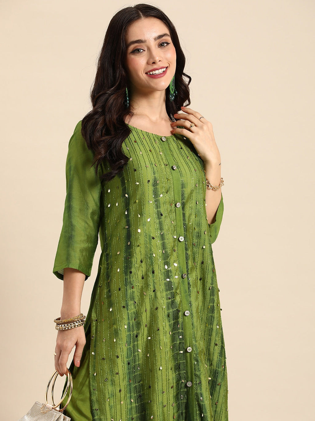 Sangria Women Dyed Regular Sequinned Kurta with Trousers | Grocsy