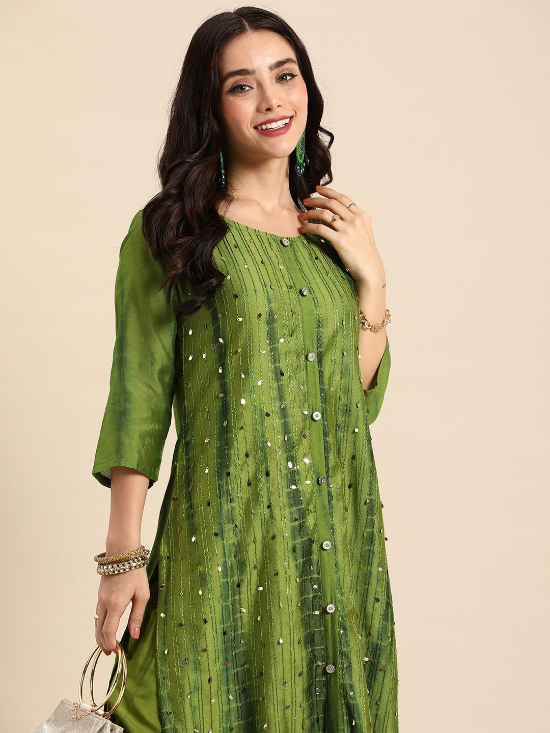 Sangria Women Dyed Regular Sequinned Kurta with Trousers | Grocsy