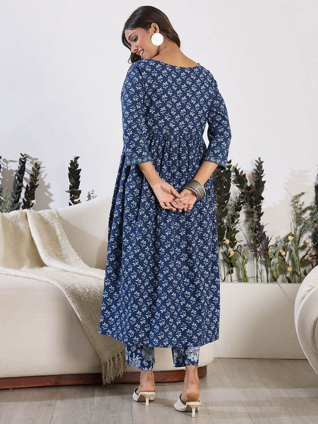 Indo Era V-Neck Floral Printed Empire Pure Cotton Kurta with Trouser | Grocsy
