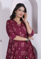 Miravan Womens Maroon Floral Printed Angrakha Style Kurta | Grocsy