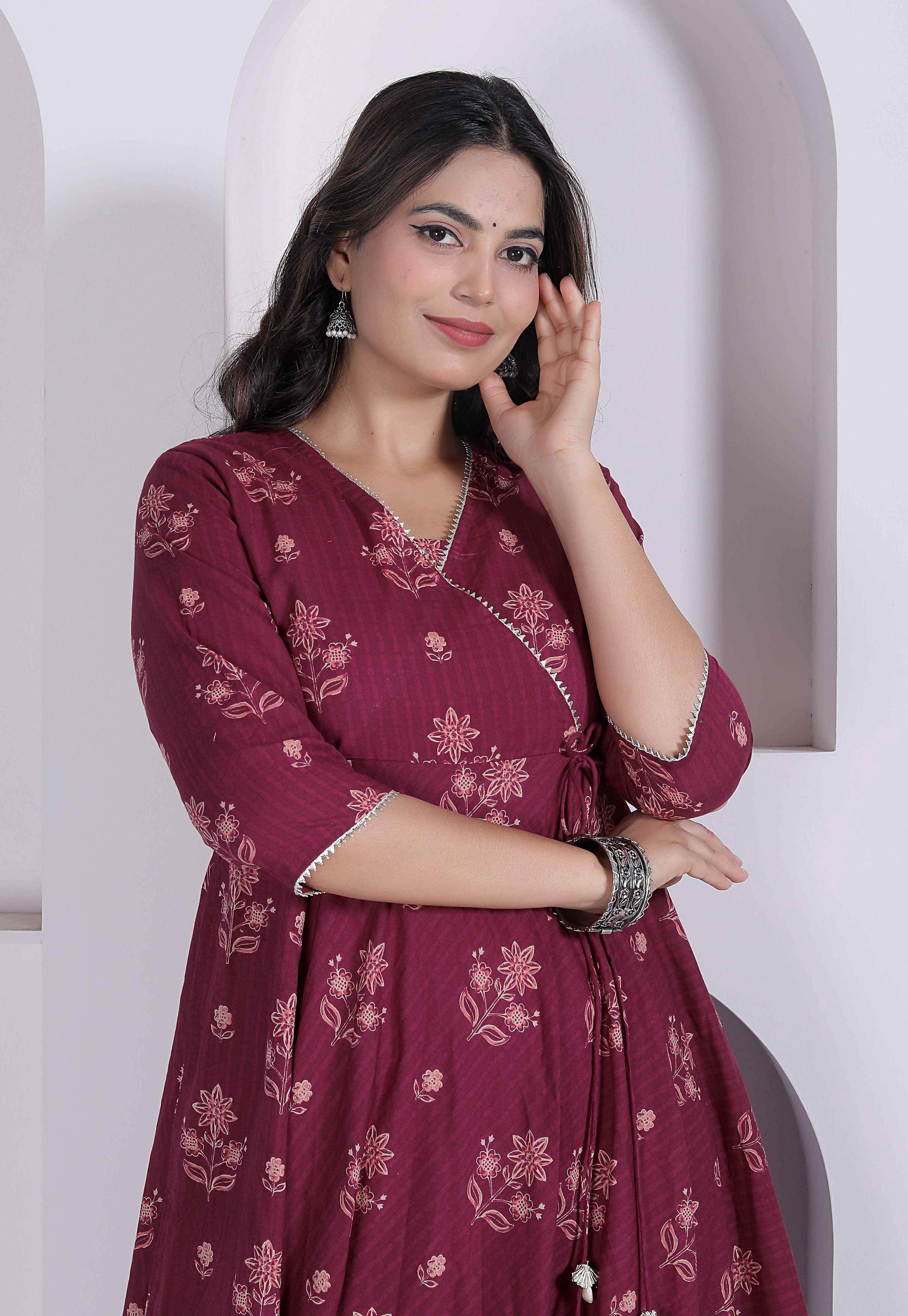 Miravan Womens Maroon Floral Printed Angrakha Style Kurta | Grocsy