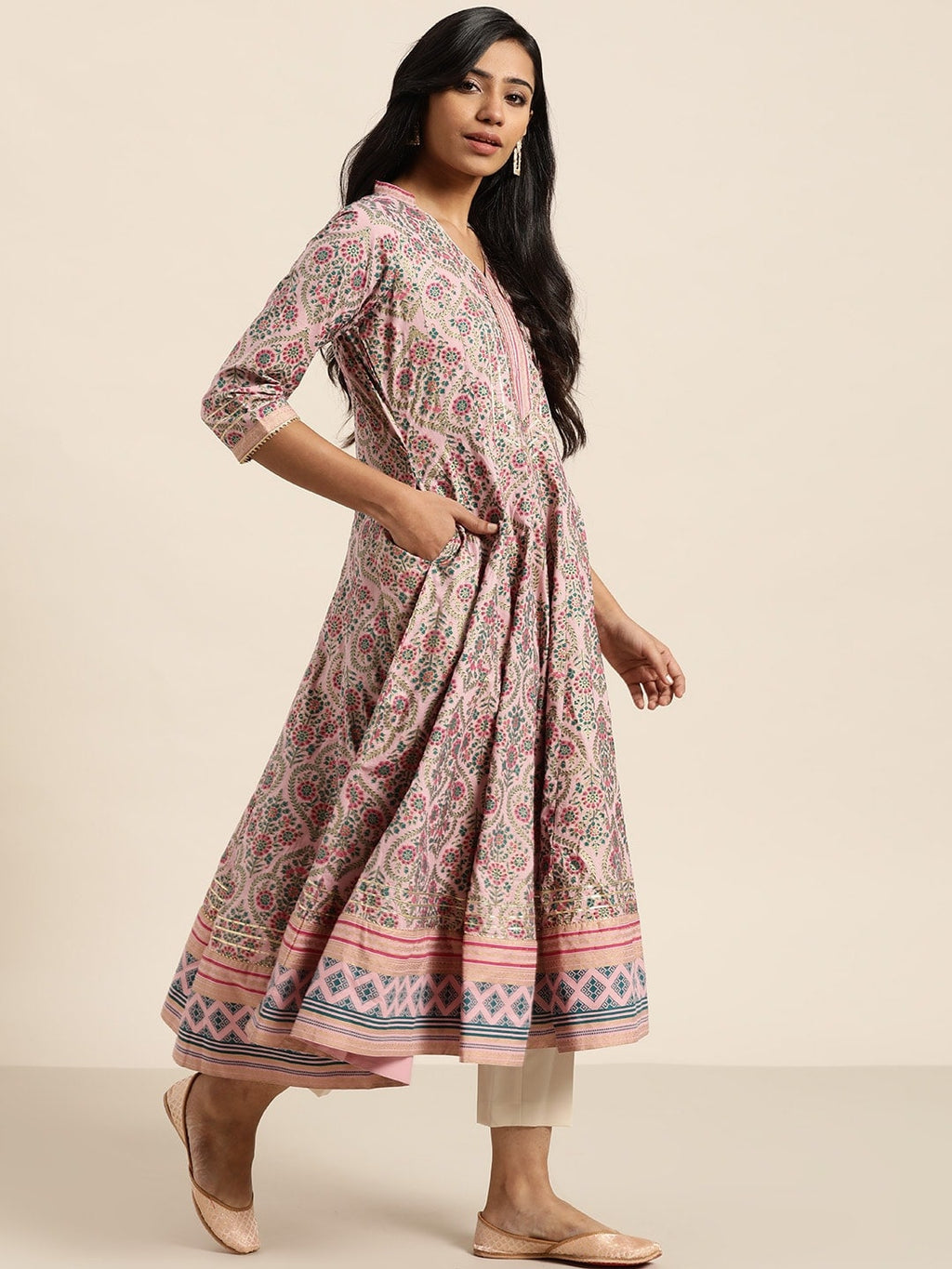 Sangria Women Pink & Green Ethnic Print Anarkali Kurta | Grocsy