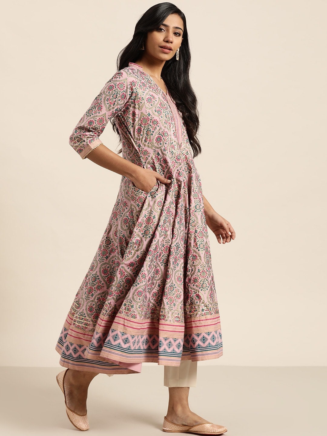 Sangria Women Pink & Green Ethnic Print Anarkali Kurta | Grocsy