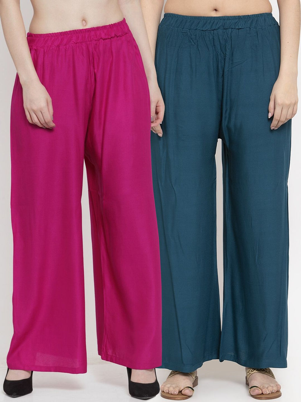 TAG 7 Women Set Of 2 Blue & Magenta Solid Straight Palazzos | Grocsy