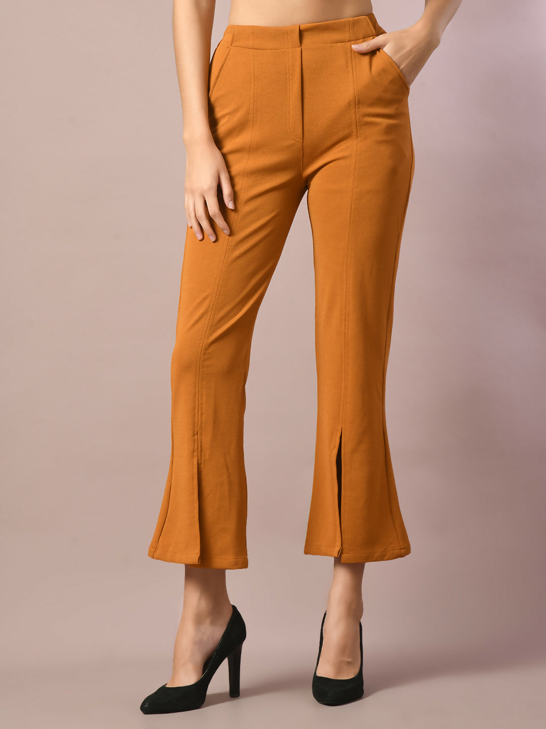 Myshka Women's Mustard Solid Party Parallel Trousers | Grocsy