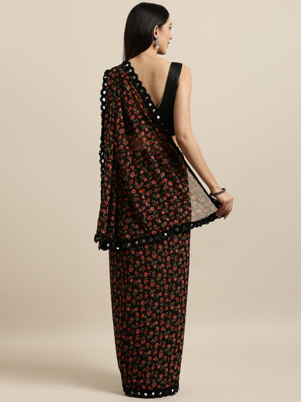 Tikhi Imli Black & Red Poly Georgette Printed Saree | Grocsy