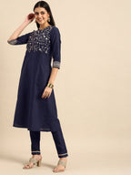 All About You Women Navy Blue Embroidered Kurta with Trousers & With Dupatta | Grocsy