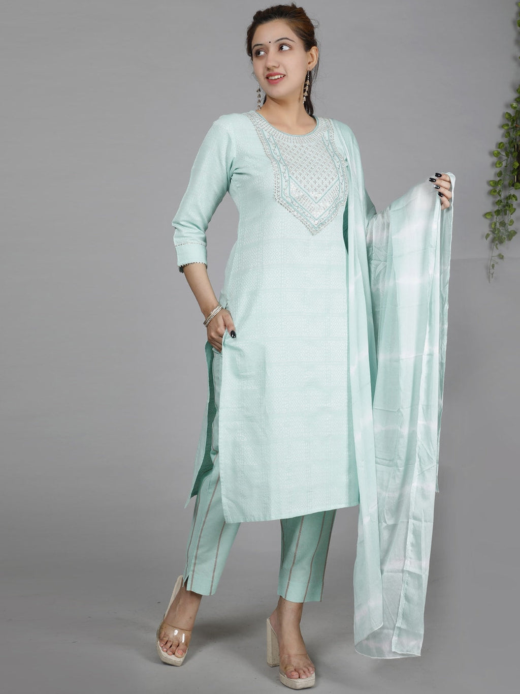 HERE&NOW Green Ethnic Motifs Embroidered Sequined Cotton Kurta Set | Grocsy