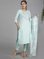 HERE&NOW Green Ethnic Motifs Embroidered Sequined Cotton Kurta Set | Grocsy