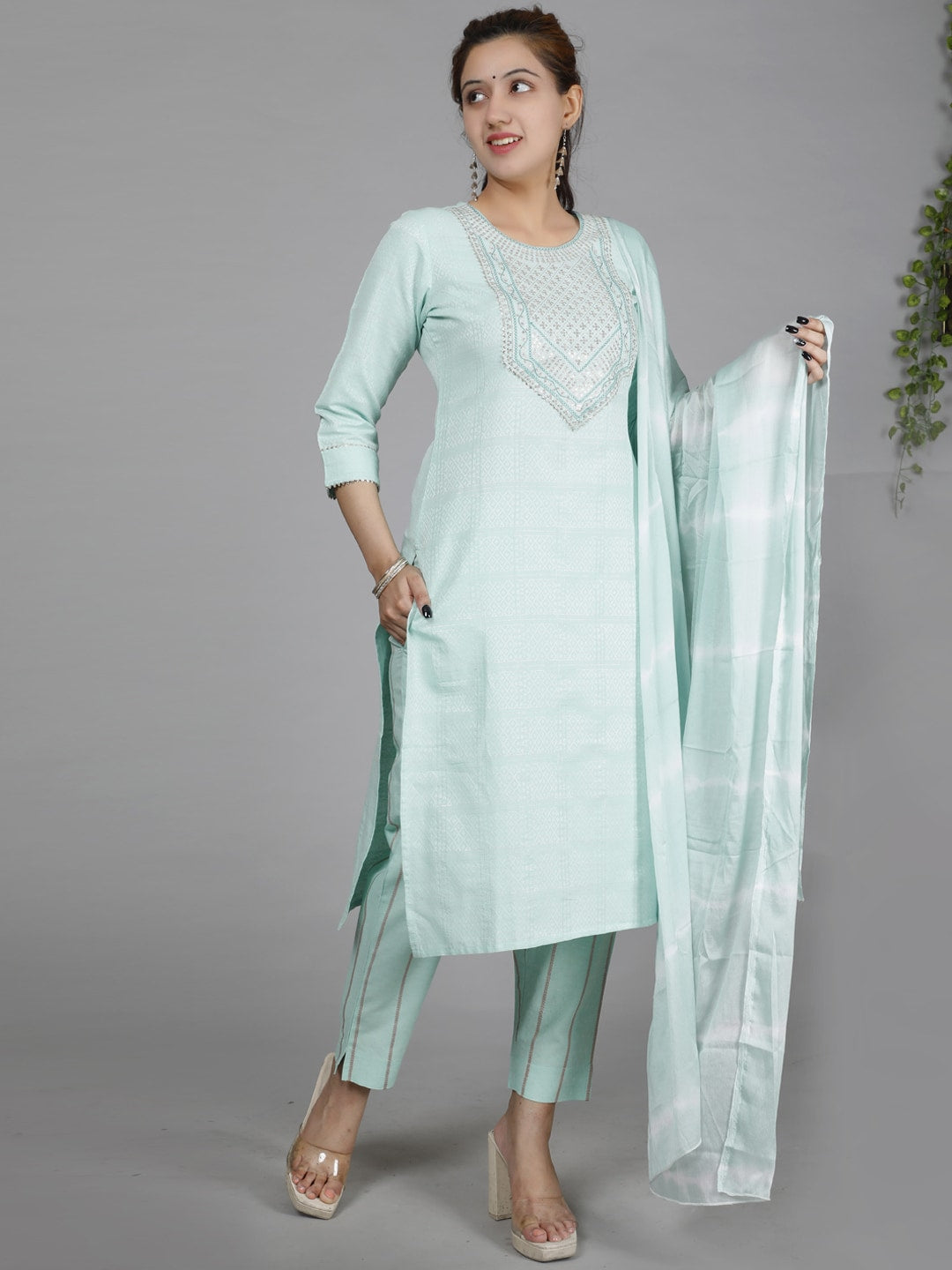 HERE&NOW Green Ethnic Motifs Embroidered Sequined Cotton Kurta Set | Grocsy