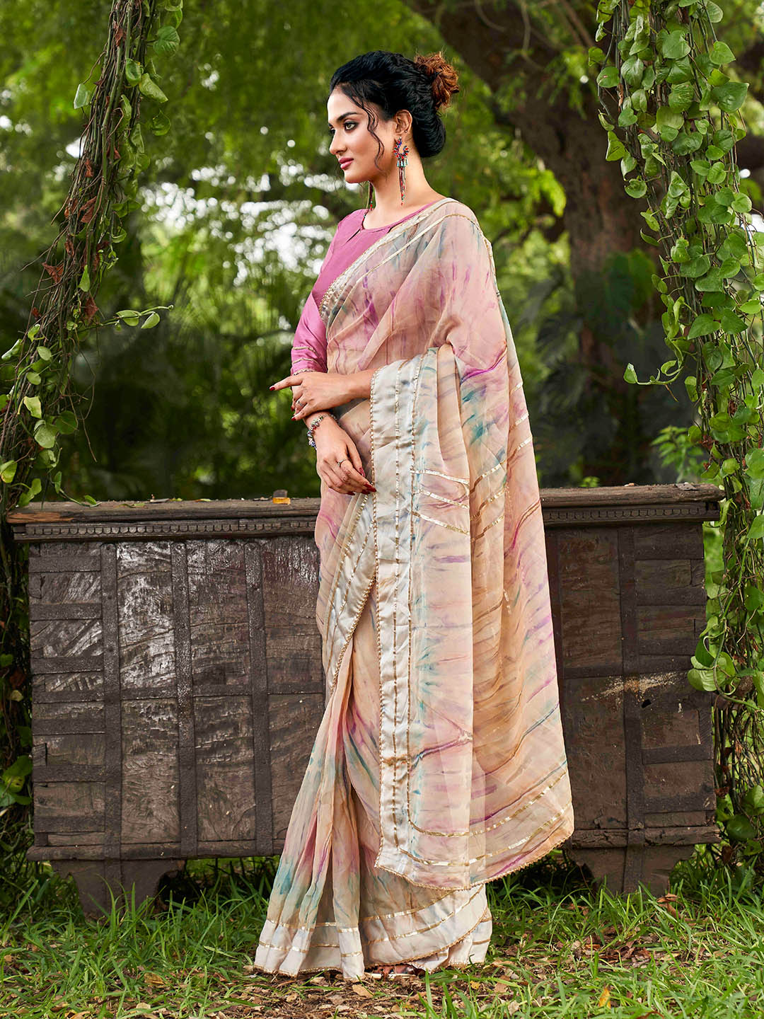 Tikhi Imli Peach Tie and Dye Gotta Patti Organza Saree | Grocsy