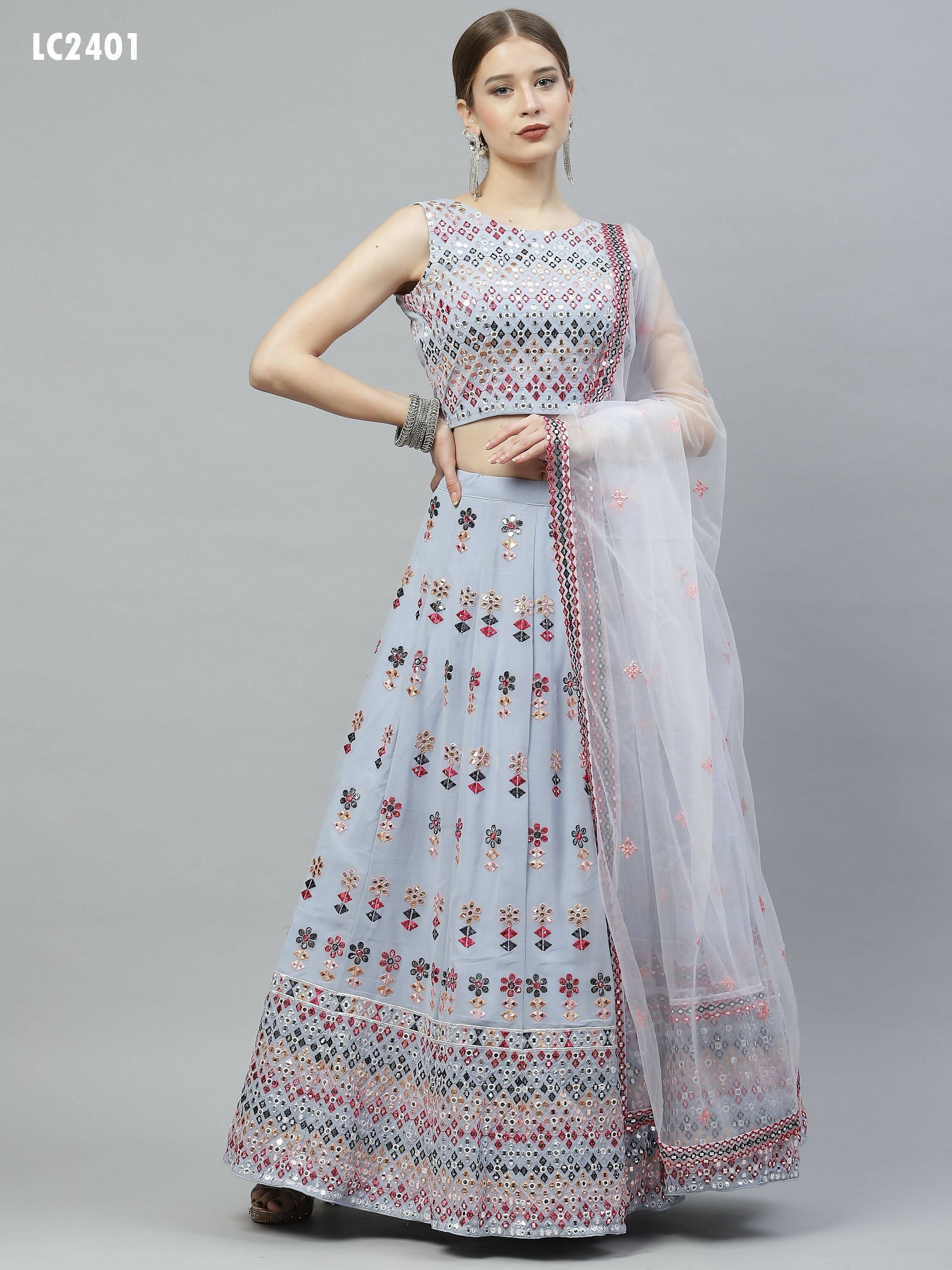 Sky Blue Georgette Heavy Embroidery mirror Work Lehenga Choli with Dupatta - Jivika | Grocsy