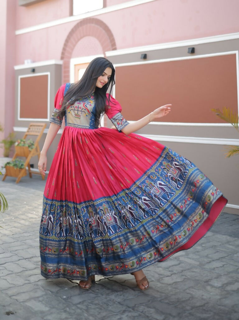 Jyoti Fashion Women's Rani Pink Patola with Foil Print Dola Silk Anarkali Dress | Grocsy
