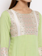 Myshka Women's Green Royan Printed 3/4 Sleeve Round Neck Casual Anarkali Kurta Dupatta Set | Grocsy