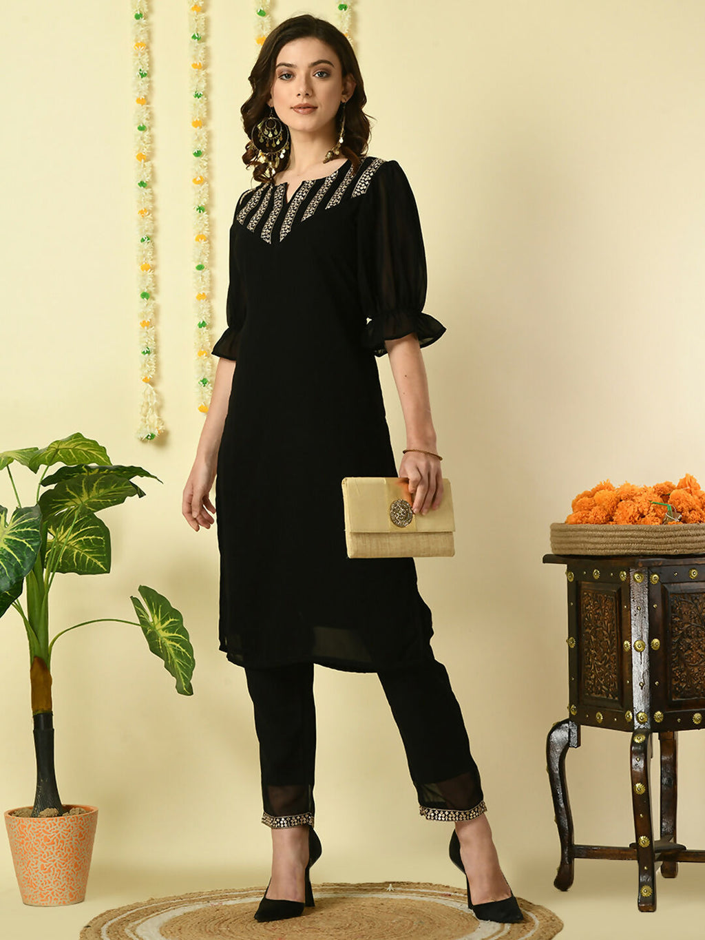 Myshka Women's Black Georgette Kurta With Trousers Party Sets | Grocsy