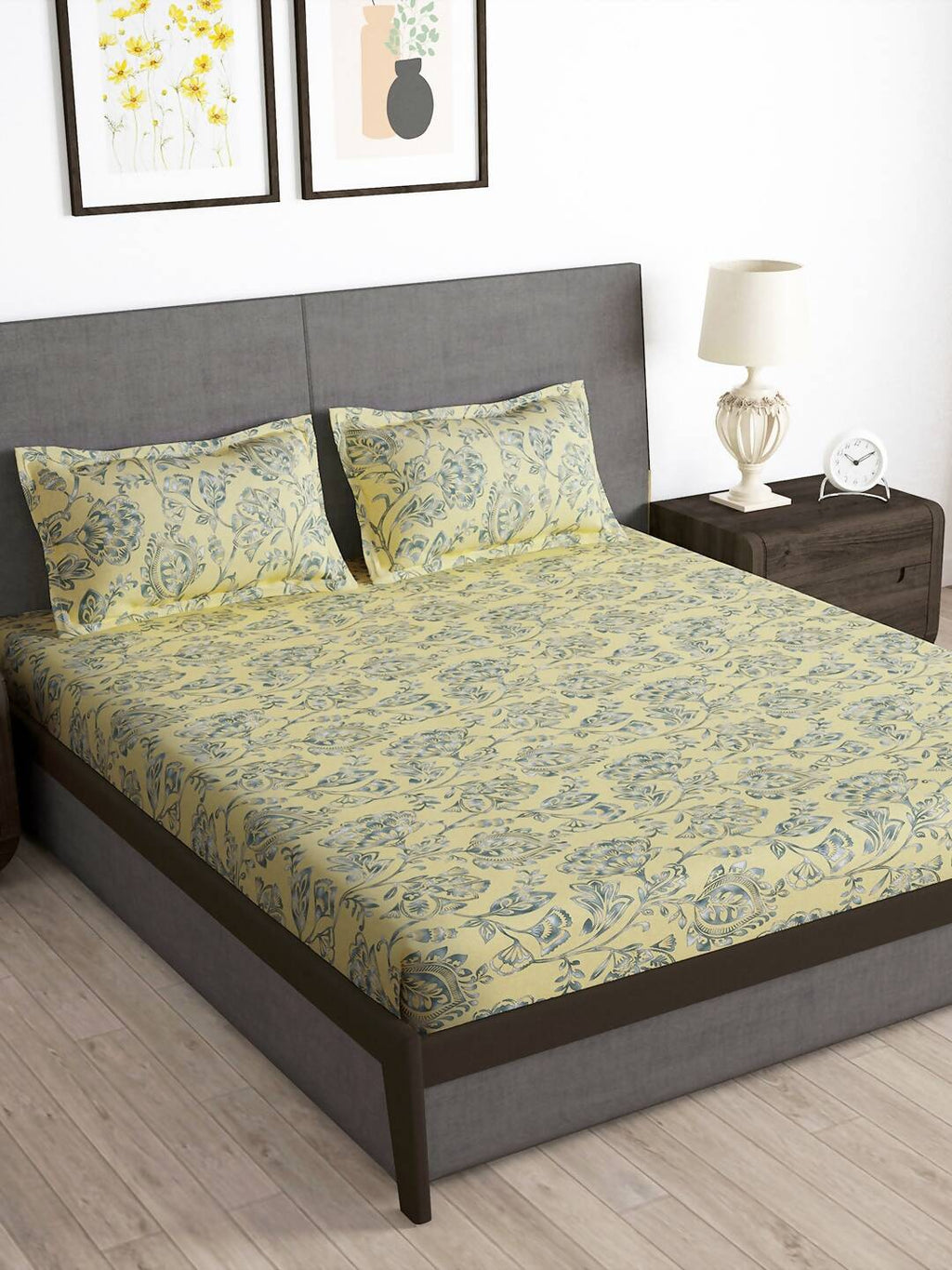 Story@home Cream-Coloured & Grey Floral Microfiber 180 TC Bedsheet & Pillow Cover | Grocsy