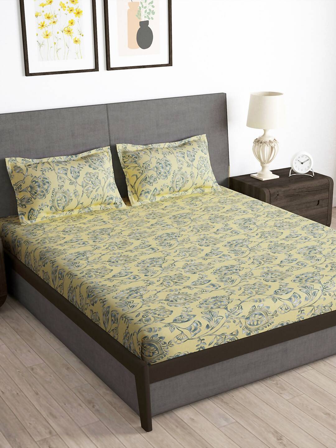 Story@home Cream-Coloured & Grey Floral Microfiber 180 TC Bedsheet & Pillow Cover | Grocsy