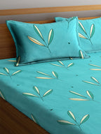 Home Sizzler Turquoise Blue & White Floral 144 TC Polyester 1 Queen Bedsheet with 2 Pillow Covers | Grocsy