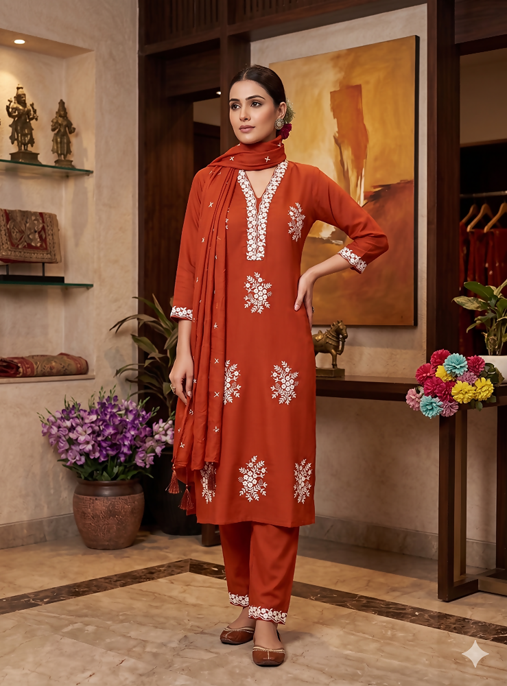 Teeya Creation Vibrant Orange Embroidered Kurti with Pant and Dupatta Set | Grocsy