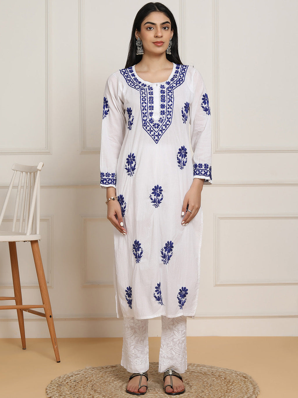 HOUSE OF KARI Women Ethnic Motifs Embroidered Regular Chikankari Pure Cotton Kurta with Trousers | Grocsy