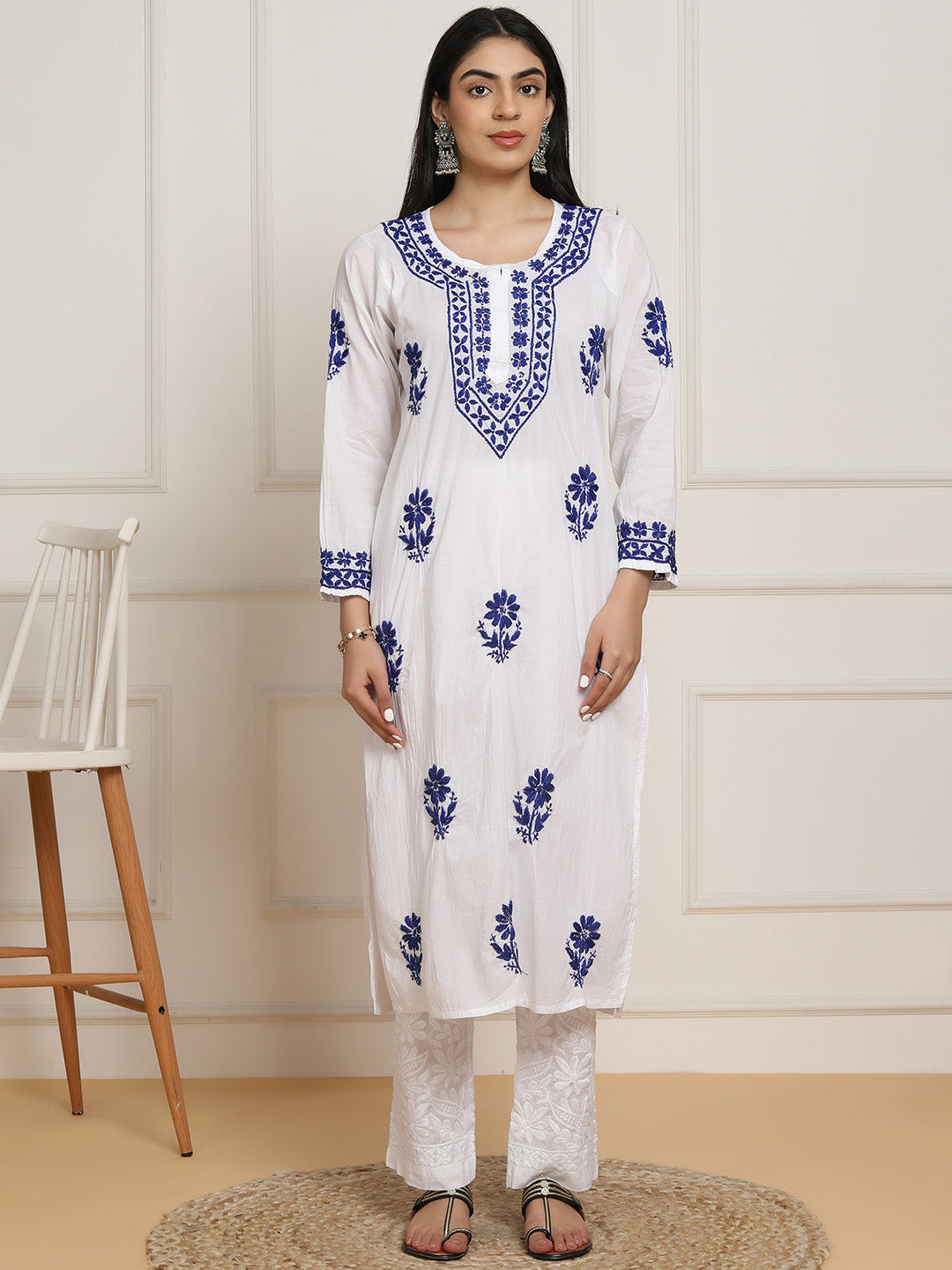 HOUSE OF KARI Women Ethnic Motifs Embroidered Regular Chikankari Pure Cotton Kurta with Trousers | Grocsy