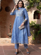 Sangria Blue Printed & Embroidered Pure Cotton A-Line Kurta With Trouser & Dupatta | Grocsy