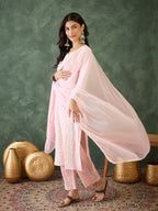 The52 Baby pink Women's Gorgeous Cotton Blend Fabric Thread Work Straight Kurta, Pant and Dupatta Set | Grocsy