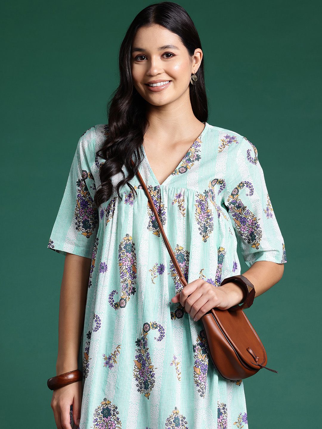 Sangria Floral Print Pleated Empire Kurta | Grocsy