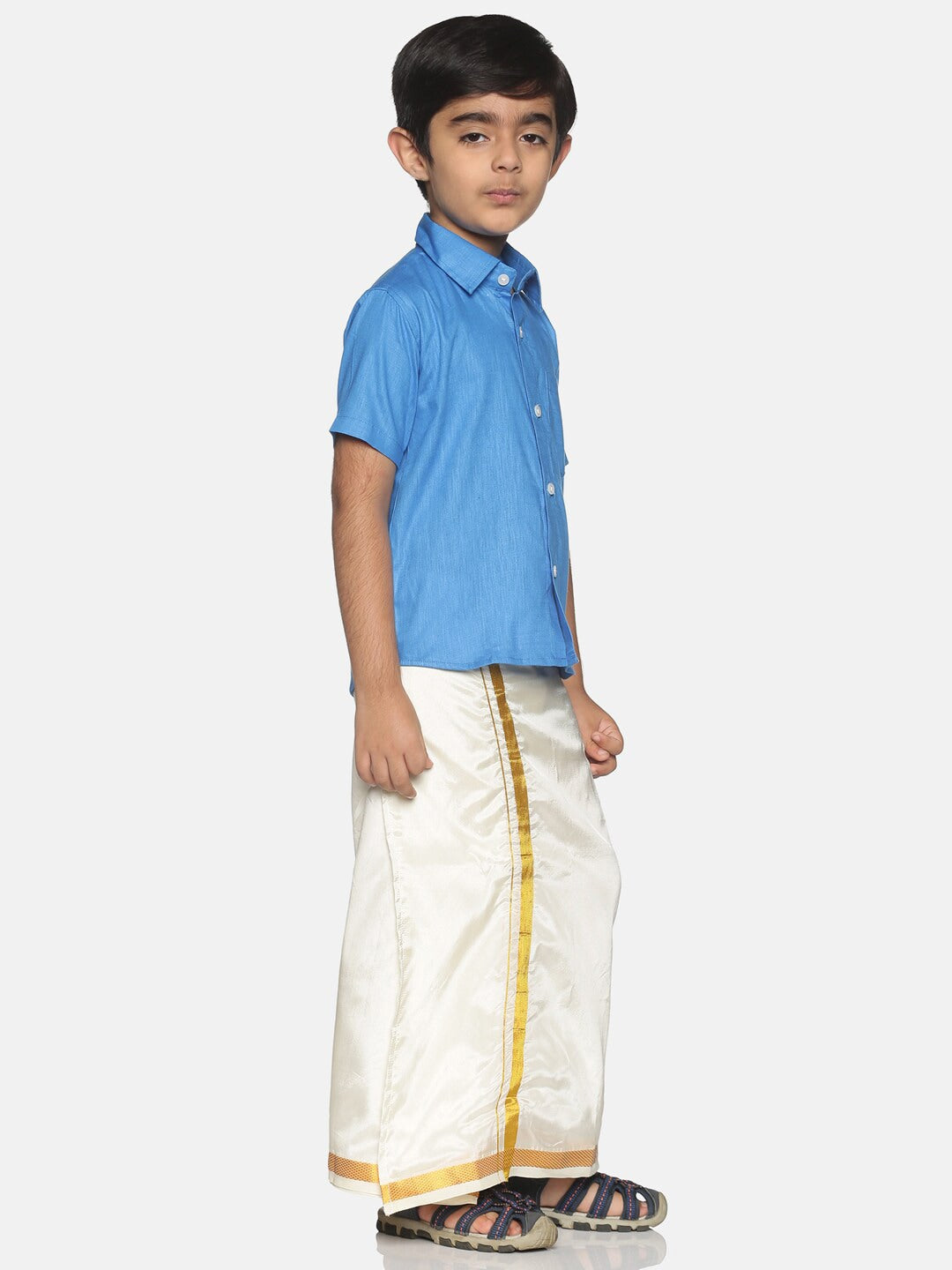 Sethukrishna Boys Blue & White Shirt with Veshti Set | Grocsy