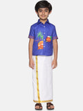 Sethukrishna Boys Blue & White Printed Shirt With Pure Cotton Dhoti Set | Grocsy