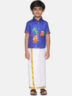 Sethukrishna Boys Blue & White Printed Shirt With Pure Cotton Dhoti Set | Grocsy