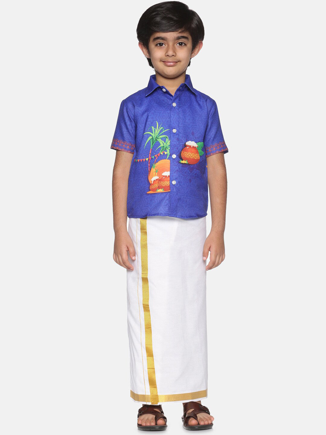 Sethukrishna Boys Blue & White Printed Shirt With Pure Cotton Dhoti Set | Grocsy