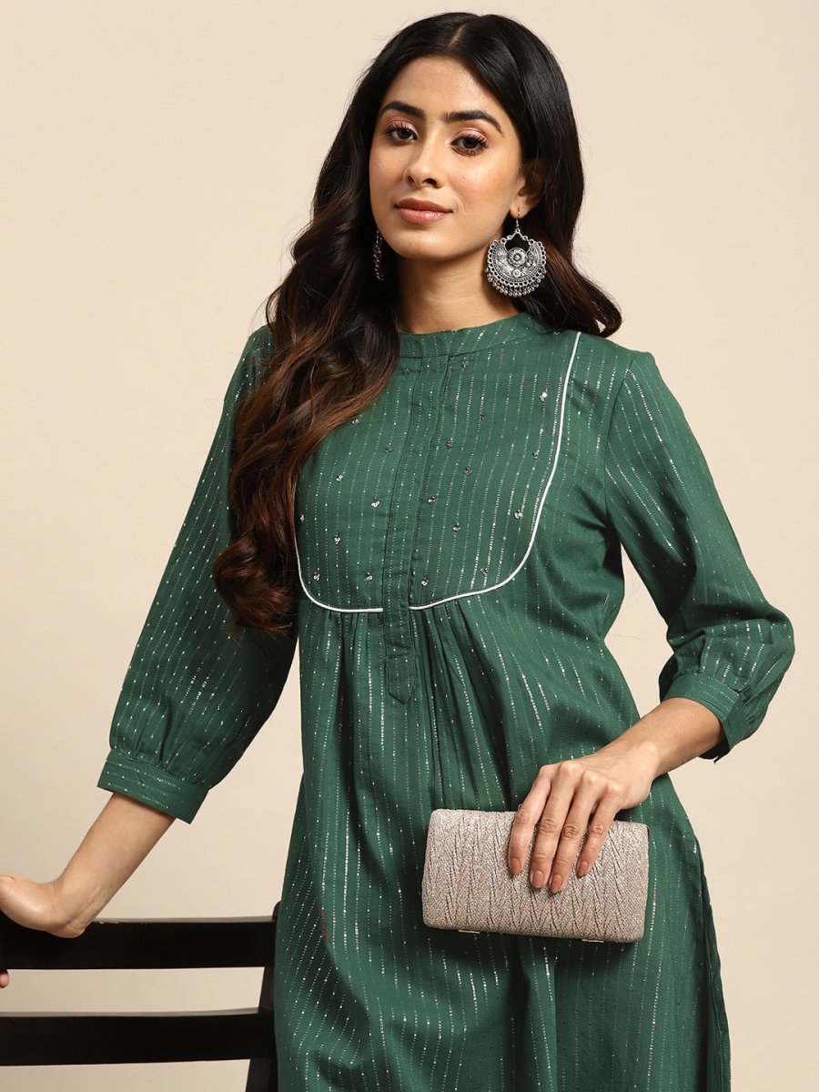 All About You Striped Pleated Sequinned Pure Cotton Kurta with Trousers | Grocsy