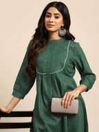All About You Striped Pleated Sequinned Pure Cotton Kurta with Trousers | Grocsy