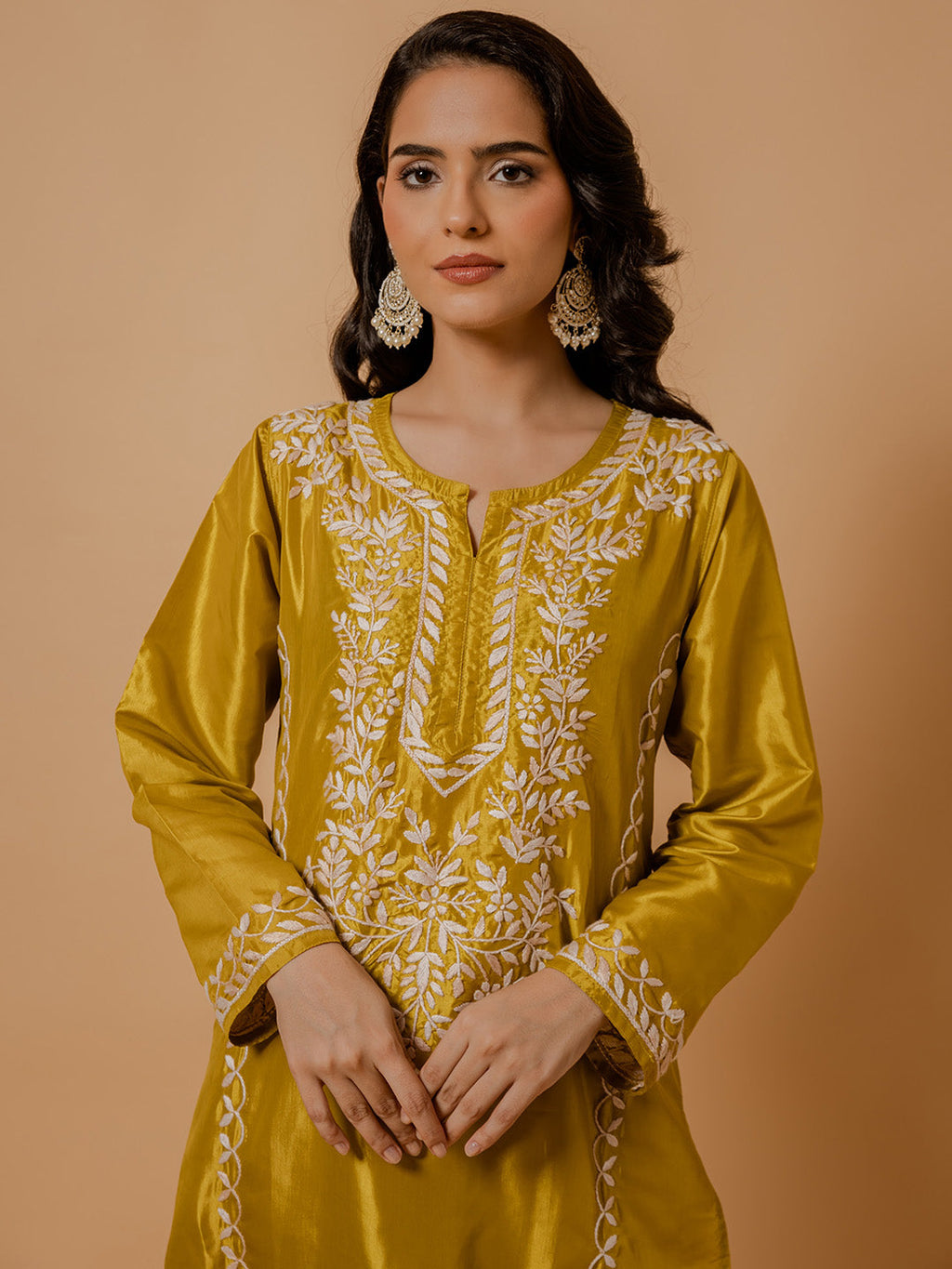 HOUSE OF KARI Floral Embroidered Silk Chikankari Kurta | Grocsy