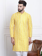 Sojanya Men Yellow & White Ethnic Motifs Embroidered Straight Kurta | Grocsy
