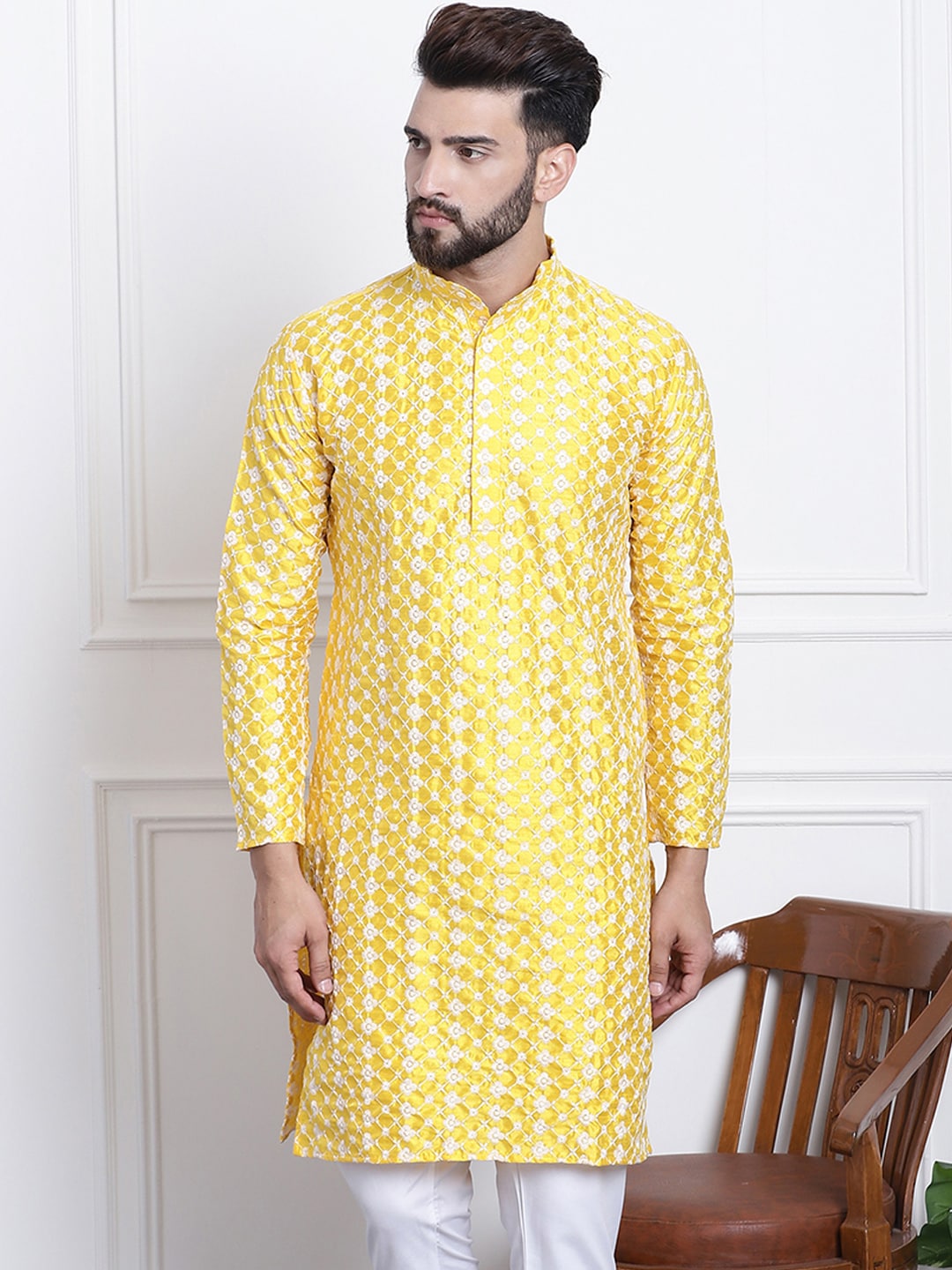 Sojanya Men Yellow & White Ethnic Motifs Embroidered Straight Kurta | Grocsy