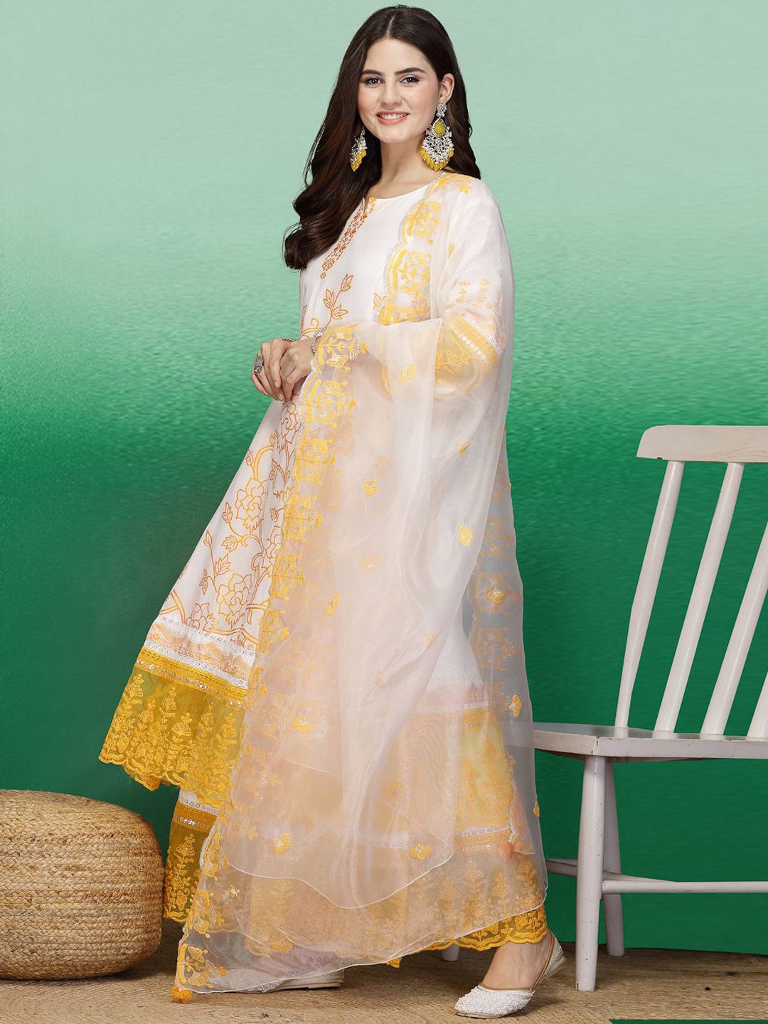 Sangria Floral Embroidered Pure Cotton Straight Kurta With Sharara & Dupatta | Grocsy