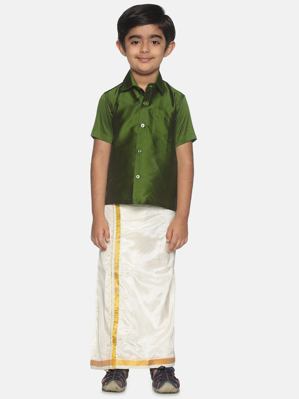 Sethukrishna Boys Green Shirt & Cream-Coloured & Zari Border Veshti Set | Grocsy