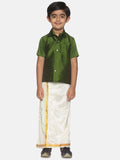 Sethukrishna Boys Green Shirt & Cream-Coloured & Zari Border Veshti Set | Grocsy