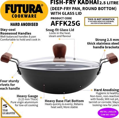 Hawkins Futura Hard Anodised Fish Fry Kadhai 26 cm Diameter 2.5 L with Lid (AFFK25G) | Grocsy