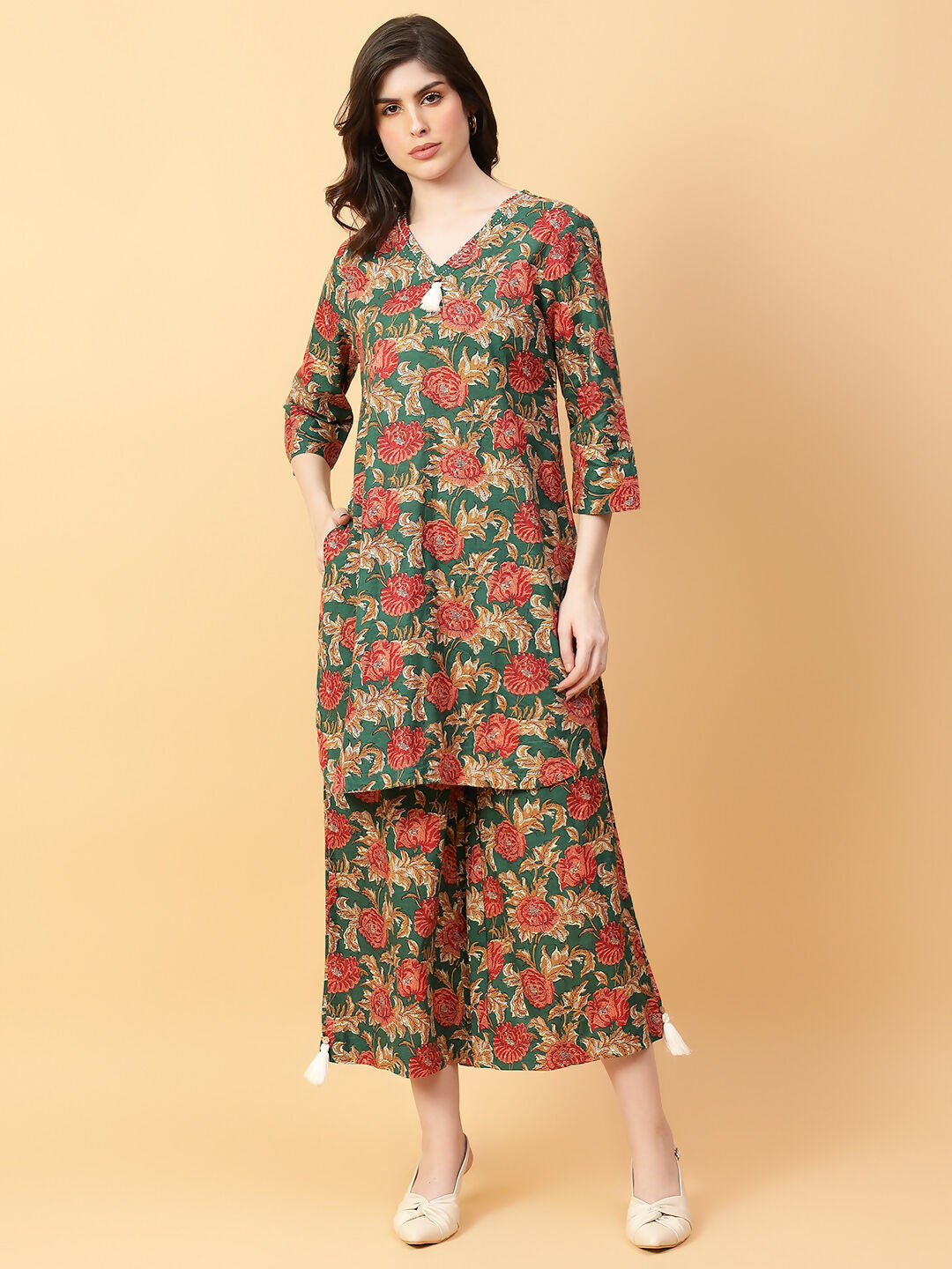 Joban Fashion Green Cotton Printed & Hand Work Co-ord Set | Grocsy
