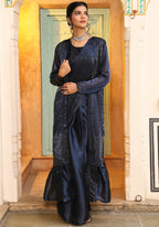 Navy Blue Tom Silk Plain Ready To Wear Saree With Stitched Blouse - Satiksha | Grocsy