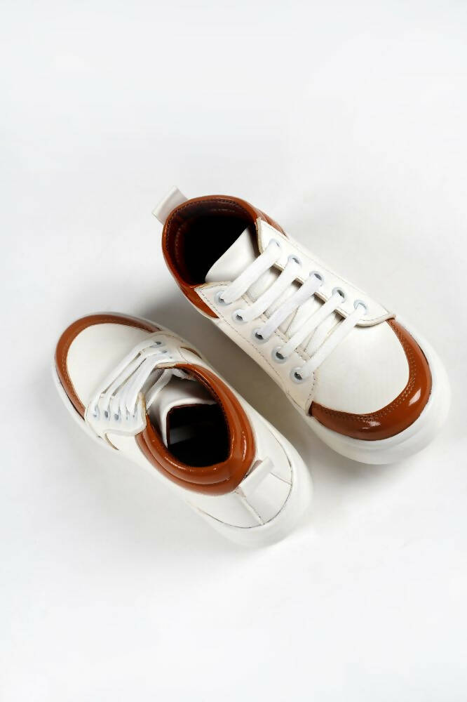 Tiny Bugs For Boys & Girls Mid Top Sneakers - White & Tan | Grocsy