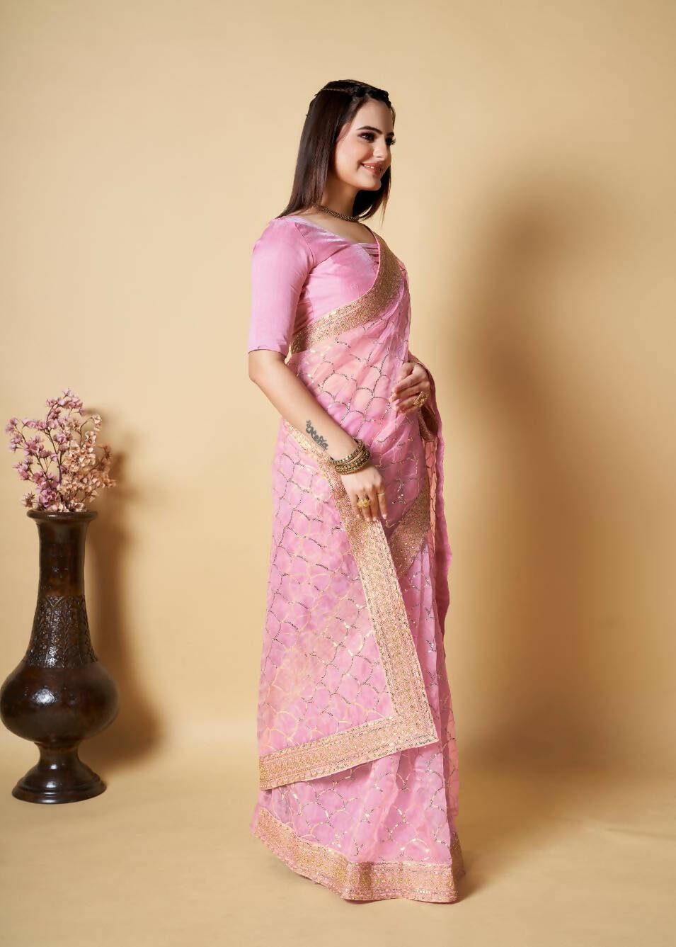 Vamsee Pink Organza Saree | Grocsy