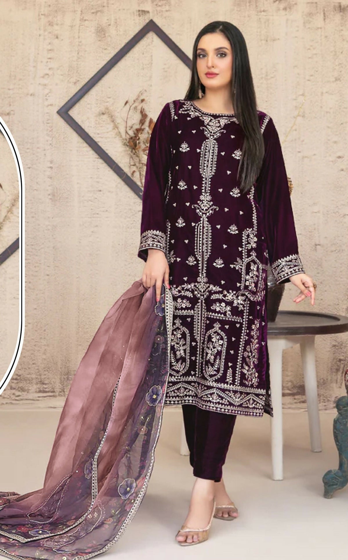 Anaita Purple Velvet Suit with Embroidery Sequence Work | Grocsy